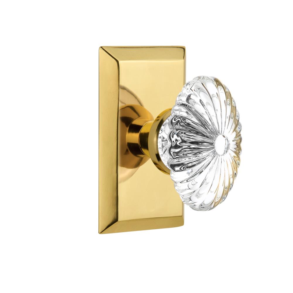Nostalgic Warehouse STUOFC Privacy Knob Studio Plate with Oval Fluted Crystal Knob in Polished Brass
